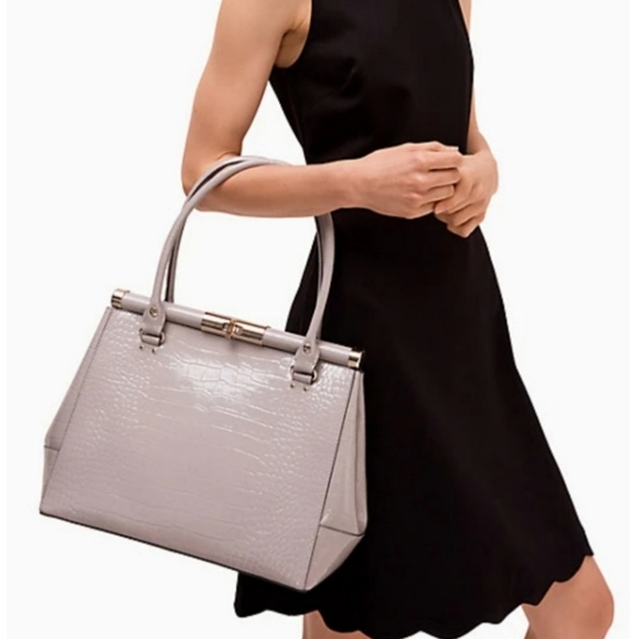 Kate Spade Constance Handbag Shiny Gray Patent Leather Croc Silver Large Purse